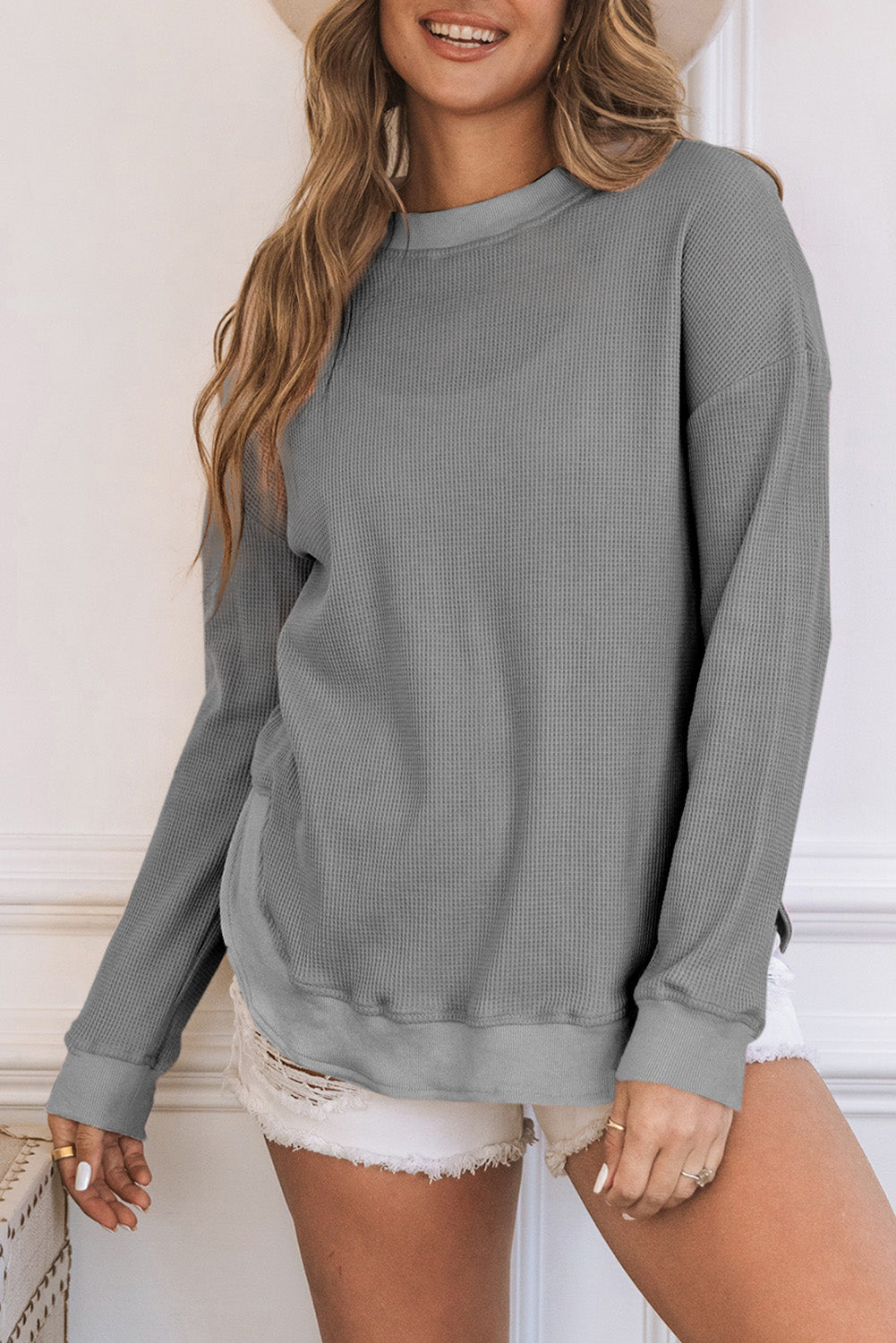 Apricot Crew Neck Ribbed Trim Waffle Knit Top