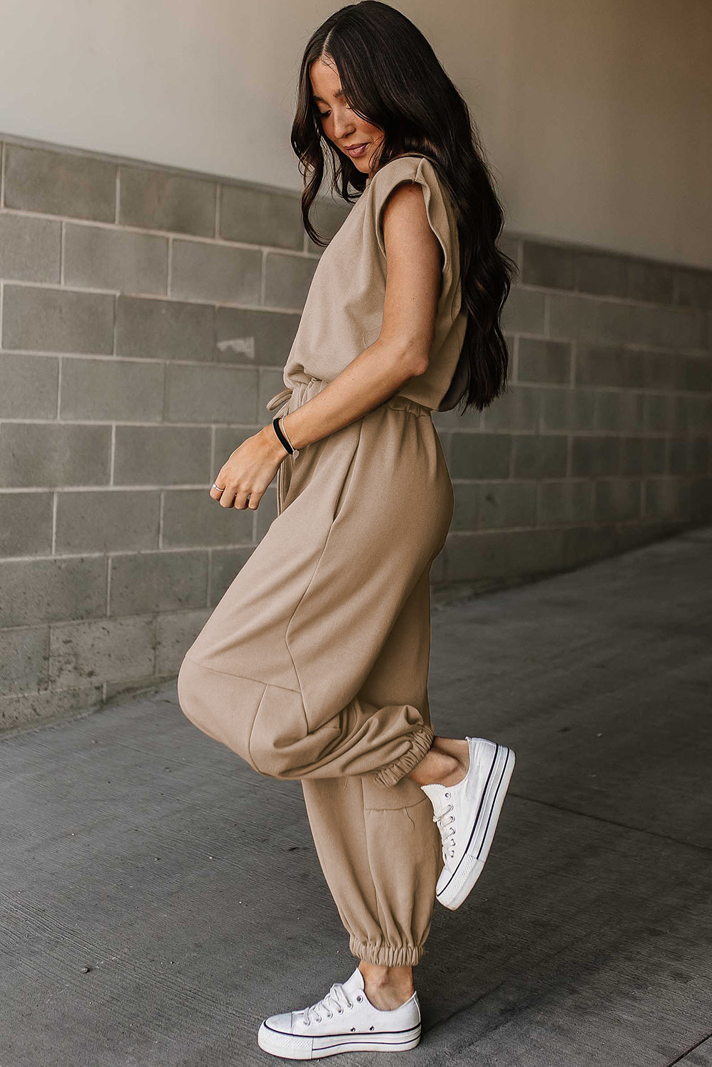 Medium Grey Cap Sleeve Open Back Drawstring Jogger Jumpsuit