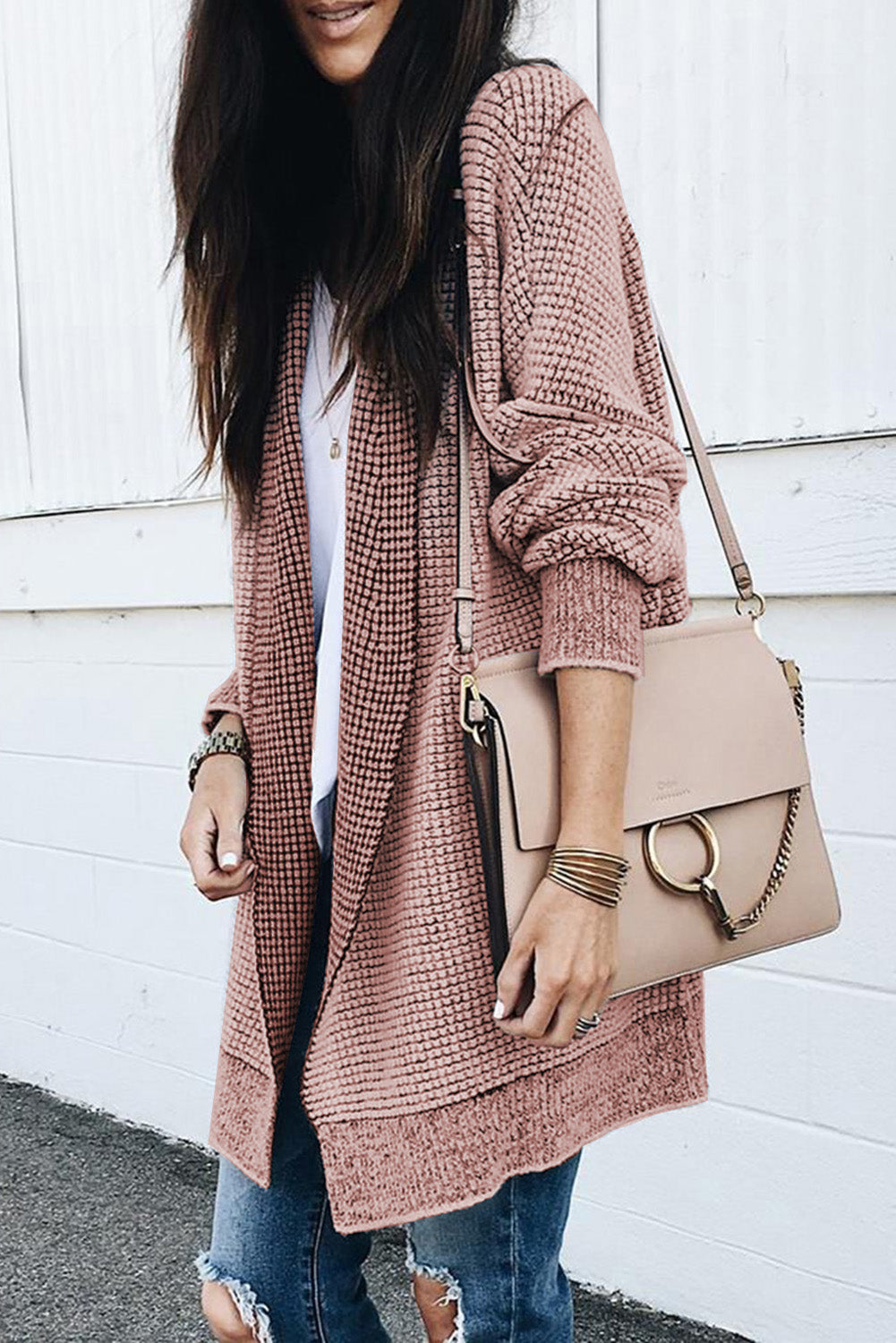 Plaid Knitted Long Open Front Cardigan