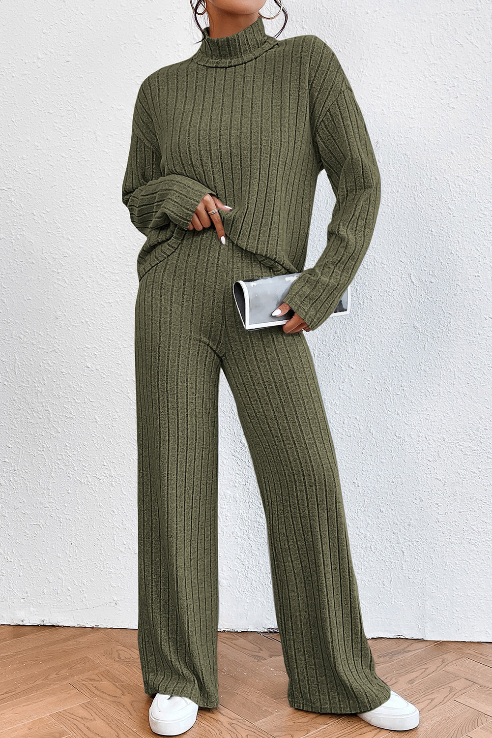 Khaki Ribbed Knit V Neck Slouchy Two-piece Outfit