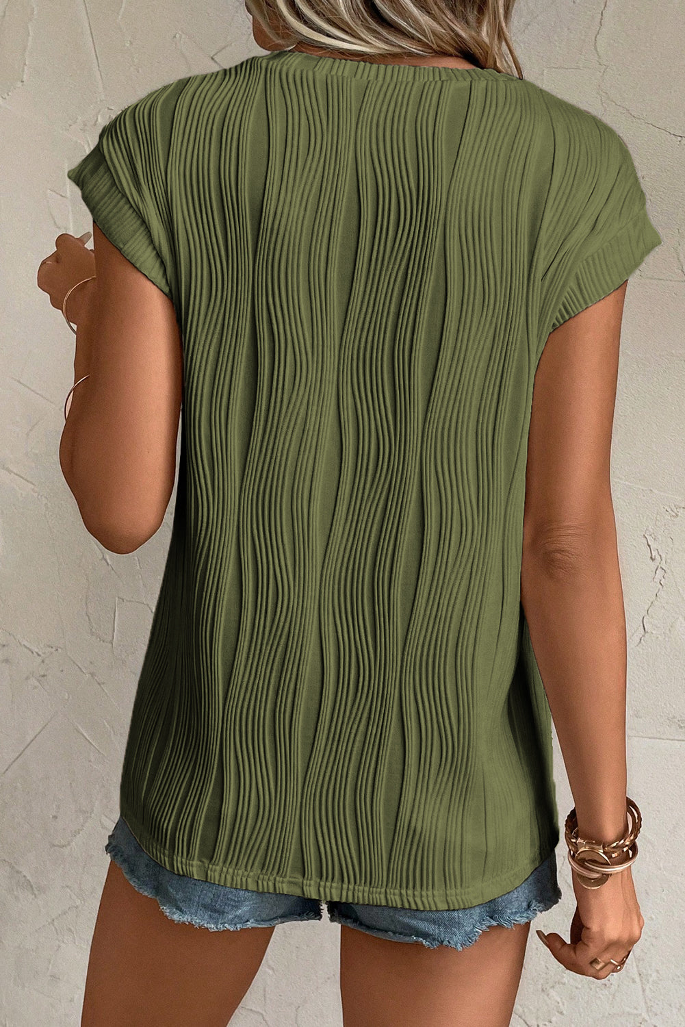 Wavy Texture Cap Sleeve Top