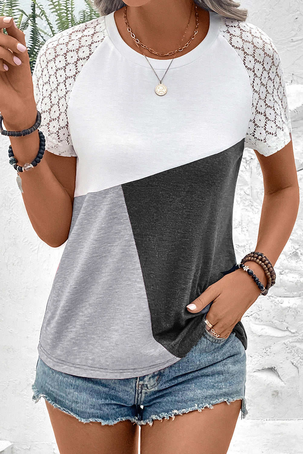 Color Block Lace Patchwork Short Sleeve T Shirt