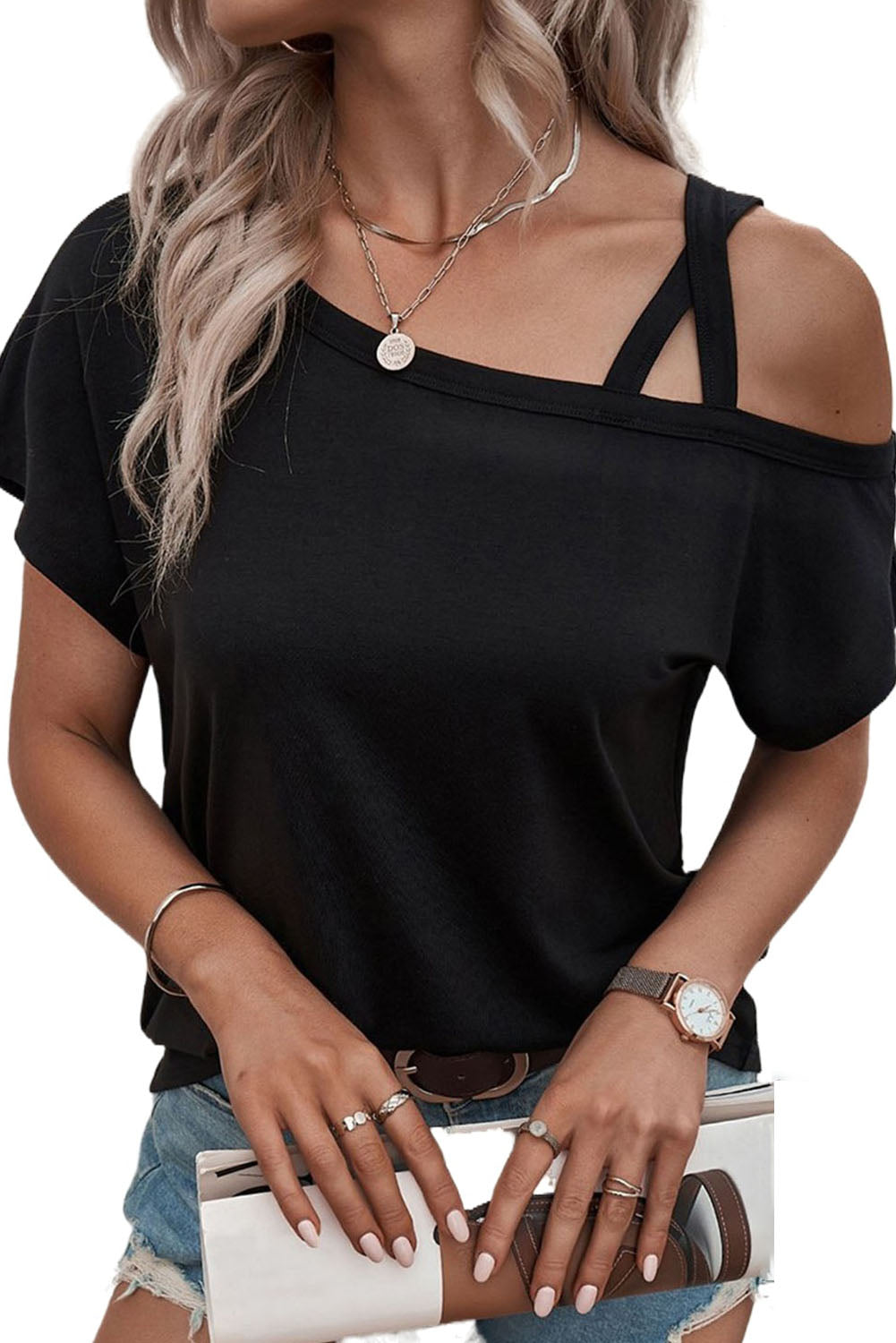 Black One Shoulder Long Sleeve Shift Blouse