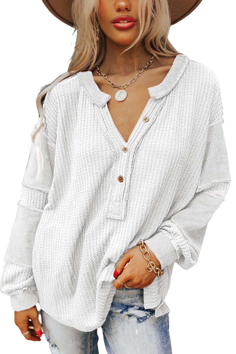 Contrast Patched Exposed Seam Waffle Knit Henley Top