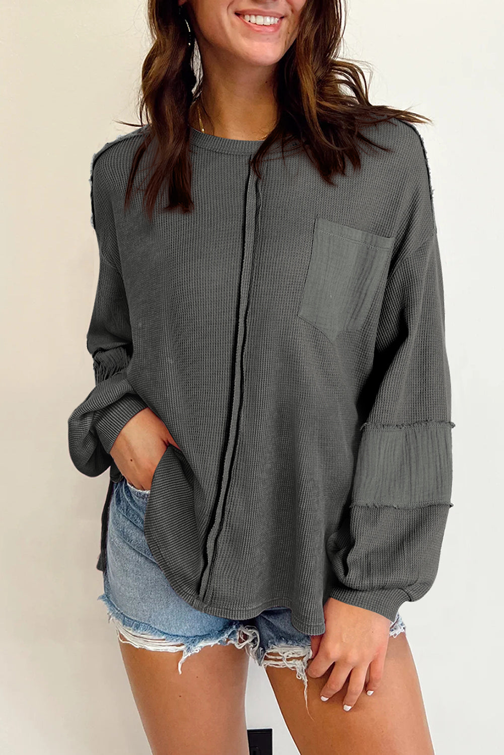 Dark Grey Plus Size Exposed Seam Crinkle Patchwork Top