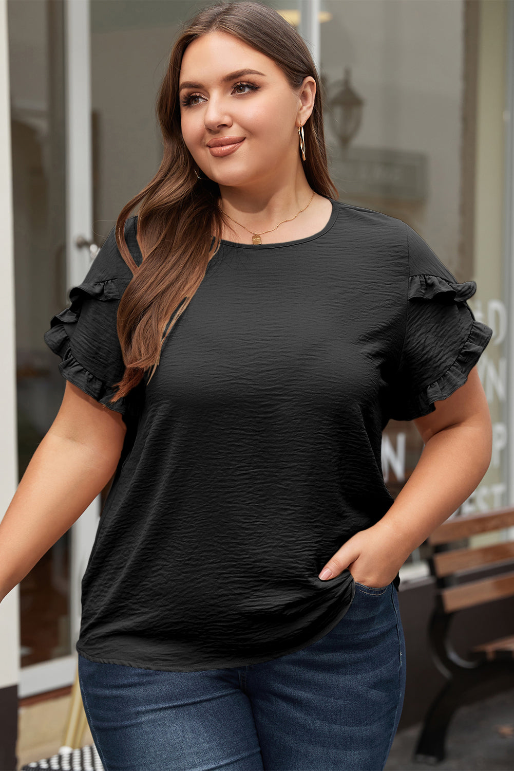 Bright Pink Ruffled Short Sleeve Plus Size Top