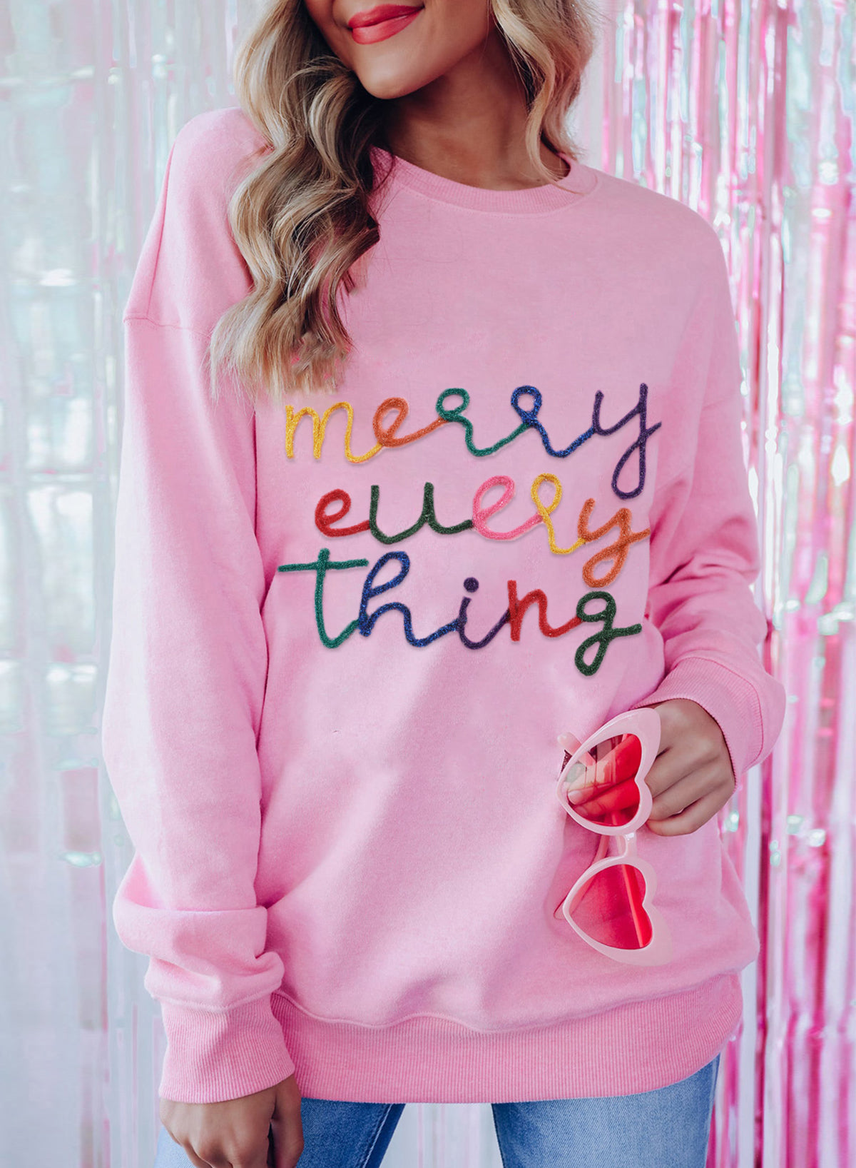 Pink Howdy Heart Graphic Round Neck Casual Sweater