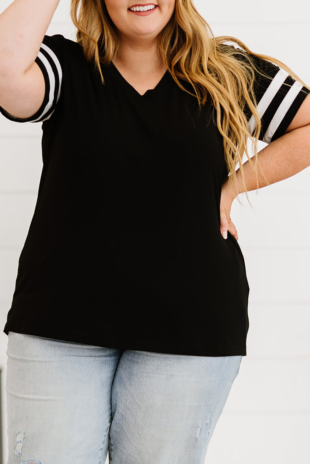 Plus Size Stripes Stitching Sleeve V Neck T-shirt