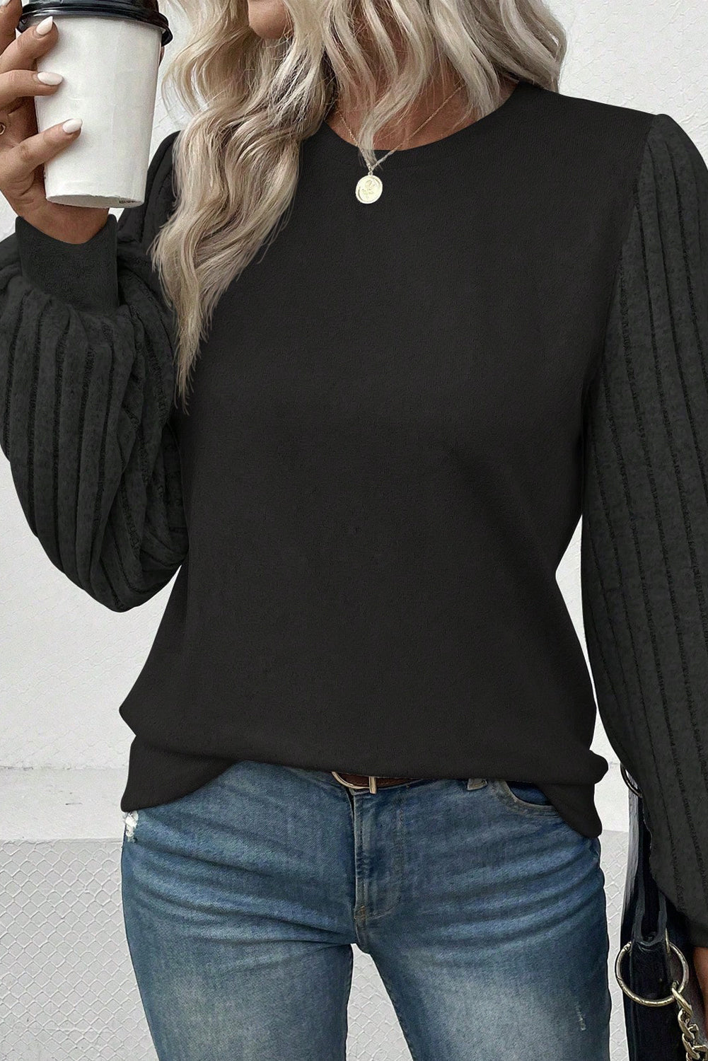 Black Buttoned V Neck Ribbed Puff Sleeve Top