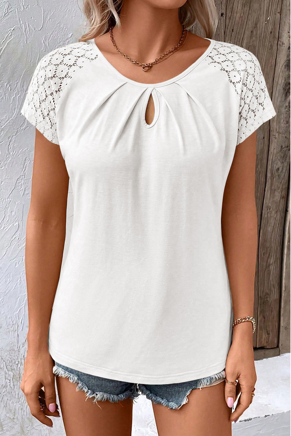 Lace Sleeve Keyhole Decor Top