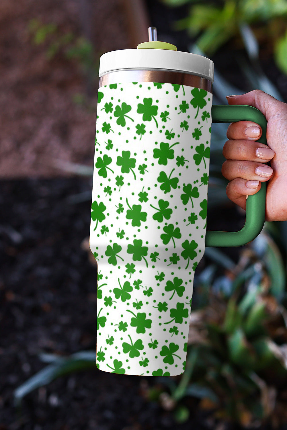 Dark Green Clover Print Thermos Cup with Handle 1200ml