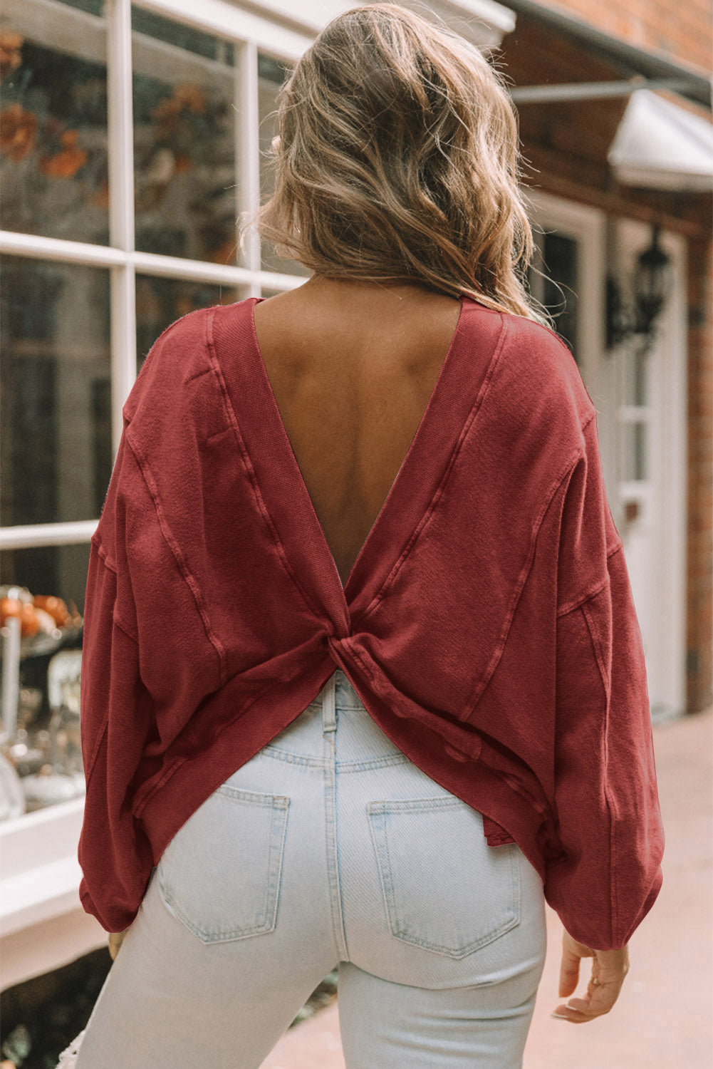 Rose Exposed Seam Twist Open Back Oversized Sweatshirt