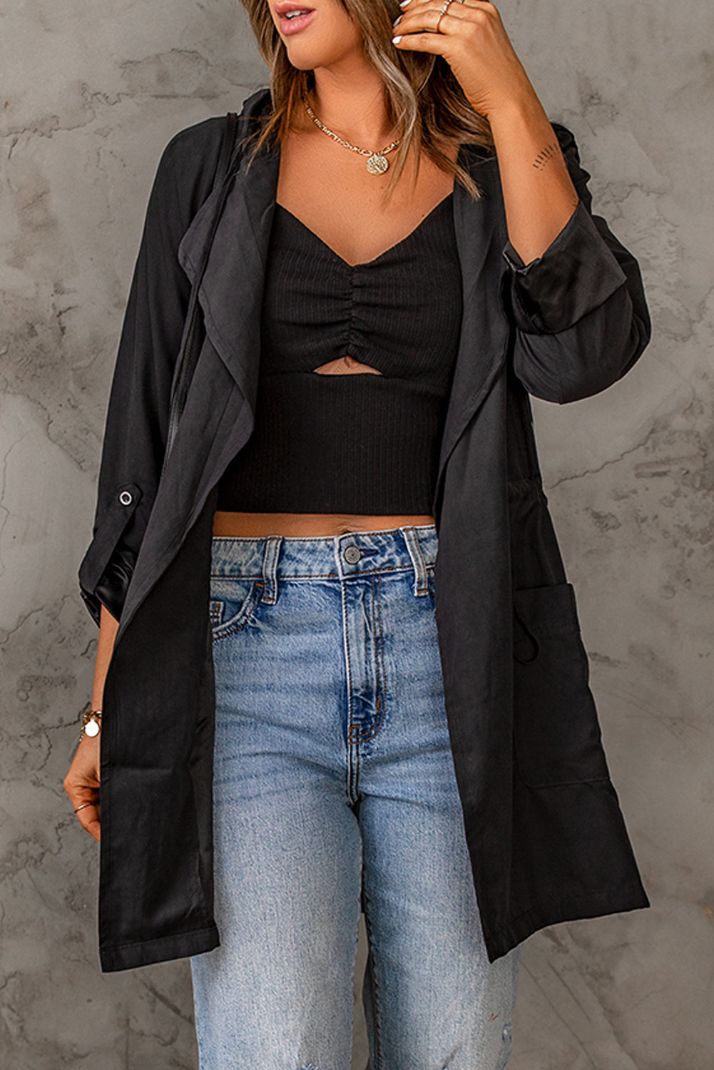 Black Drawstring Turndown Collar Hooded Outerwear