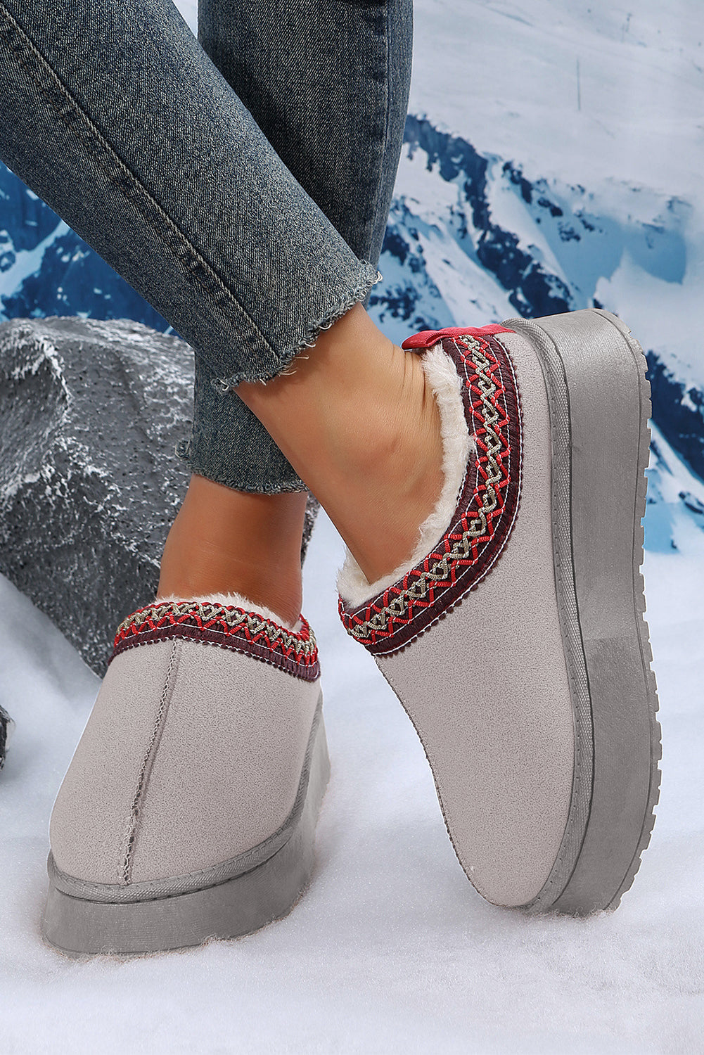 Suede Contrast Print Plush Lined Snow Boots