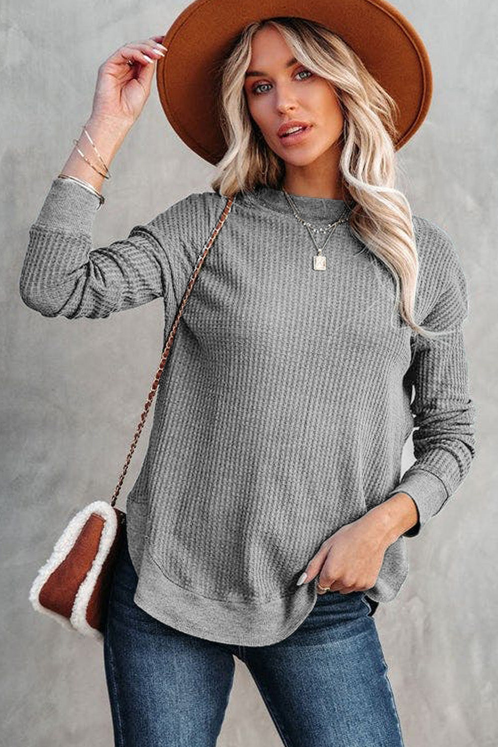 Apricot Crew Neck Ribbed Trim Waffle Knit Top