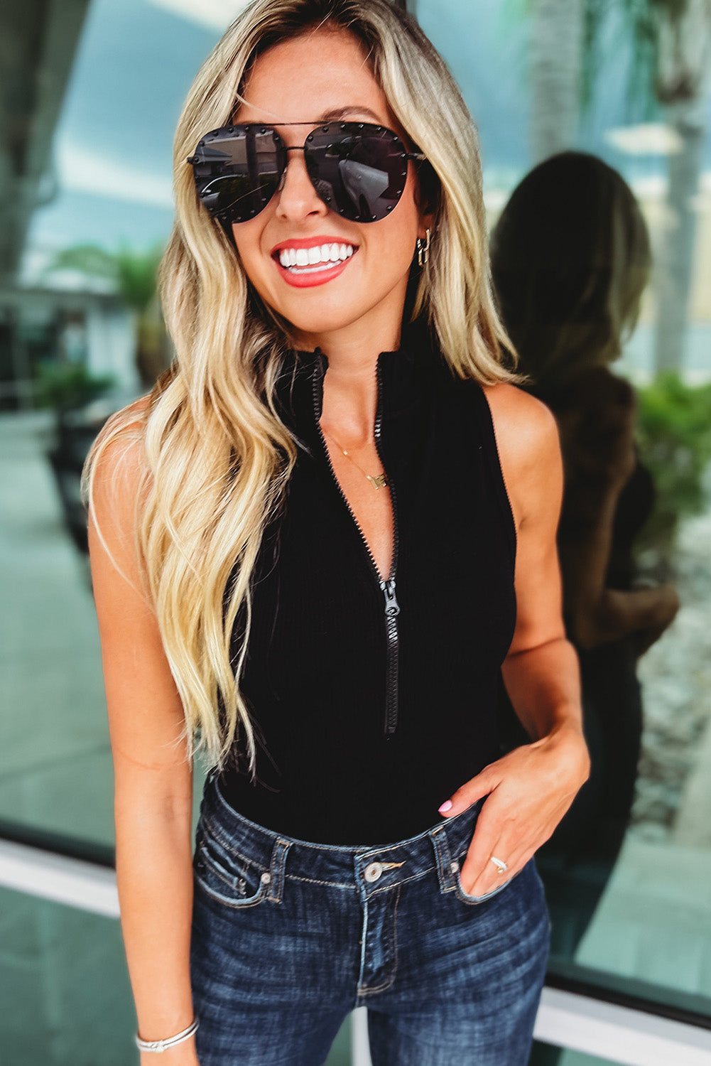 Black Zip up Mock Neck Ribbed Sleeveless Bodysuit