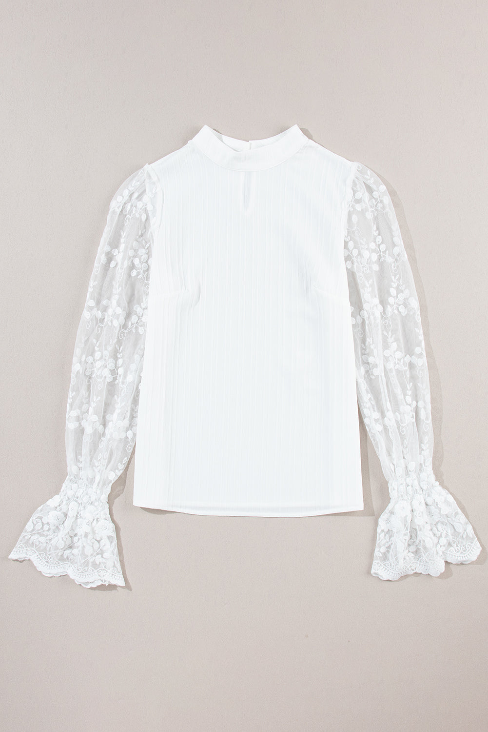 Contrast Lace Sleeve Mock Neck Textured Blouse