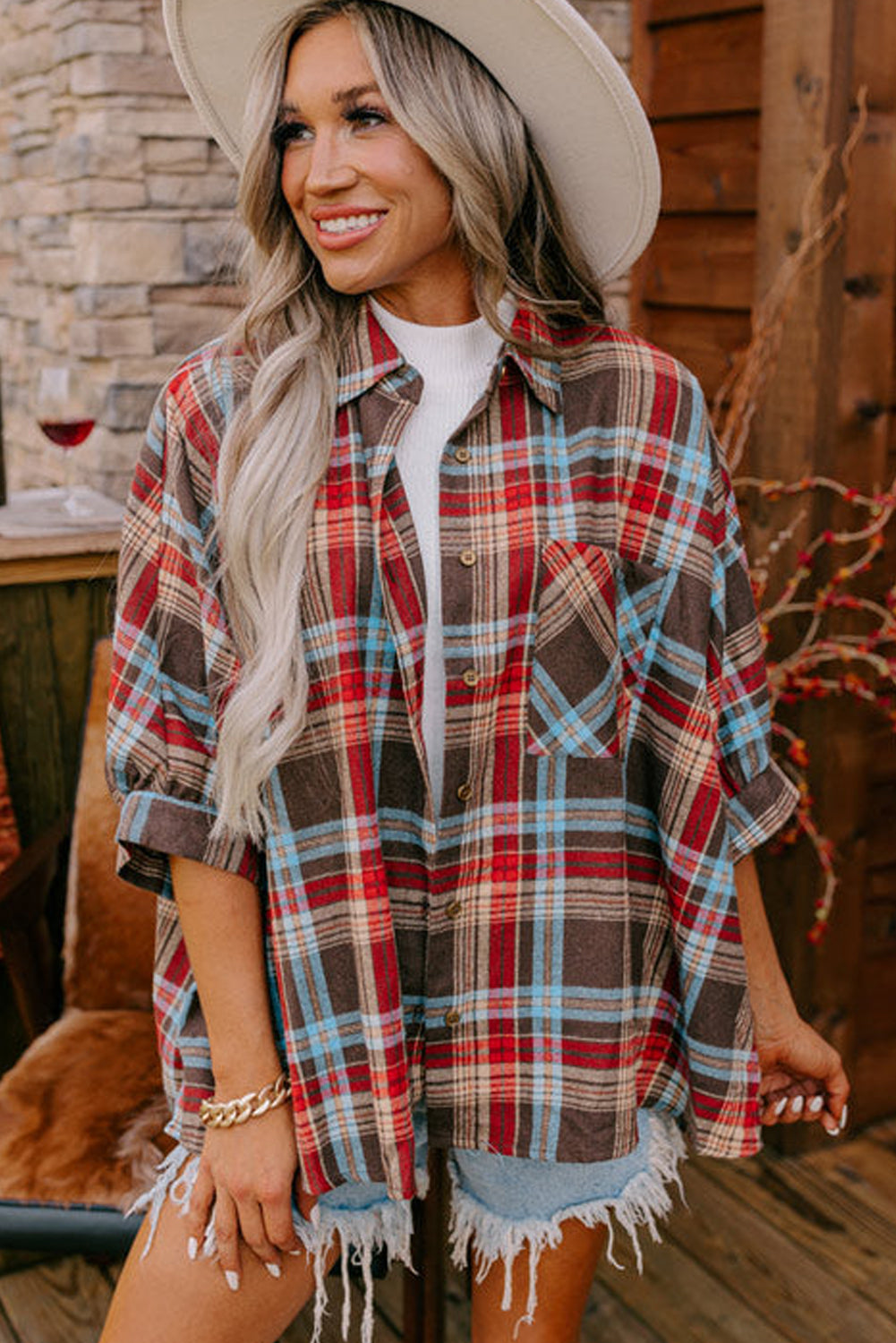 Fiery Red Loose Bracelet Sleeve Plaid Shirt