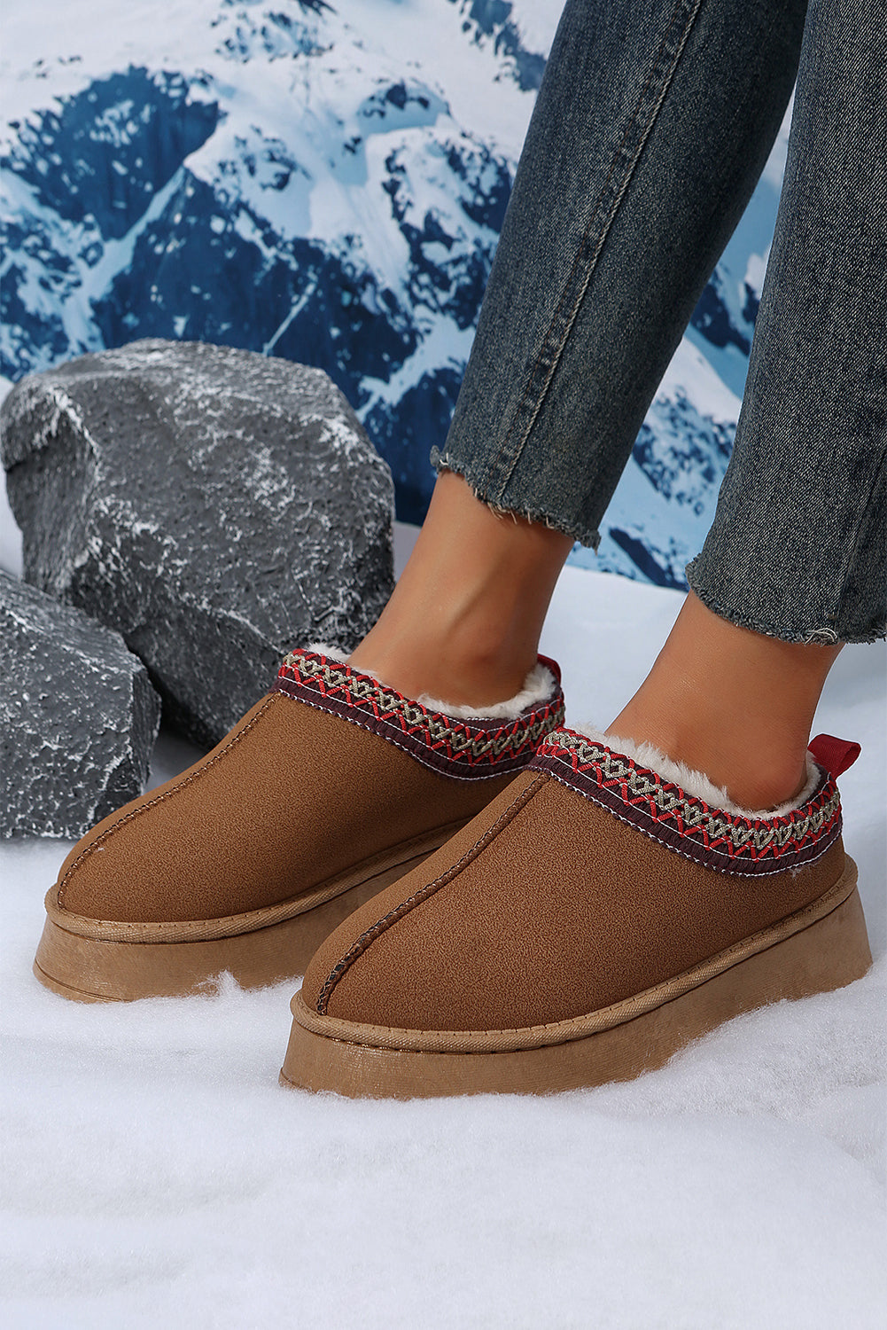 Suede Contrast Print Plush Lined Snow Boots