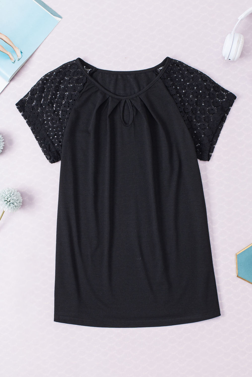 Lace Sleeve Keyhole Decor Top