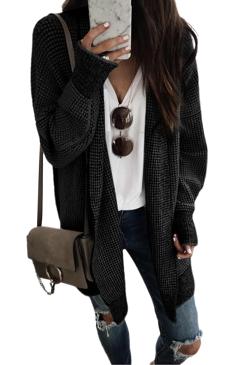 Plaid Knitted Long Open Front Cardigan