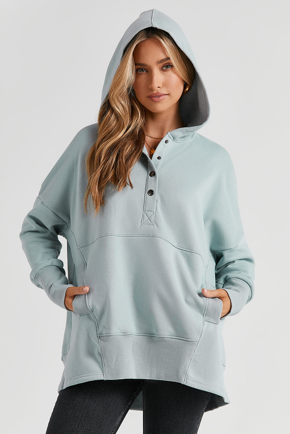 Turquoise Batwing Sleeve Pocketed Henley Hoodie