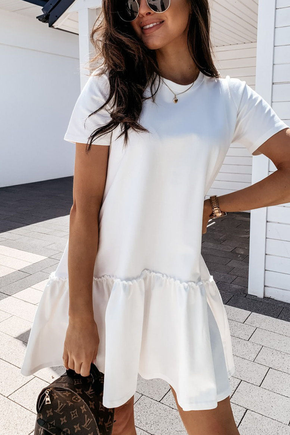 White Frilly Splicing Hem Short Sleeve Casual Dress