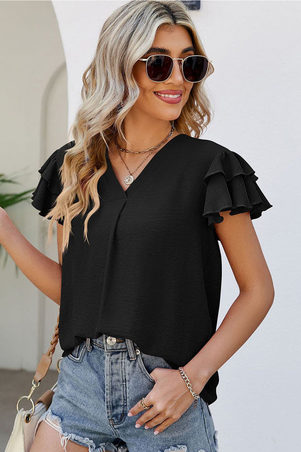 V Neck Ruffle Short Sleeve Blouse