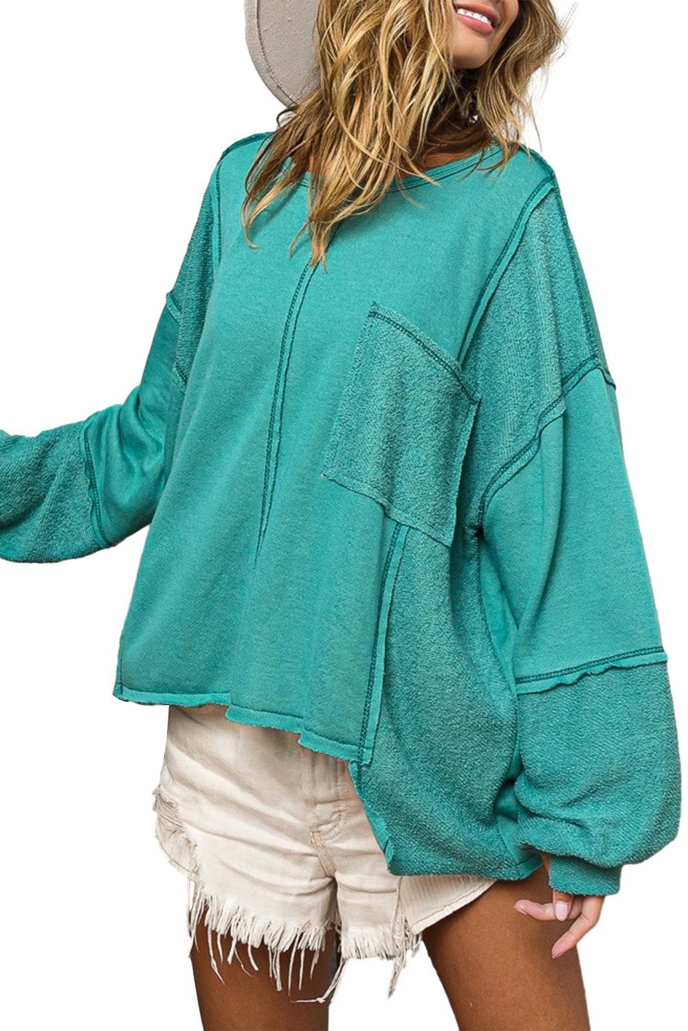 Sea Green Exposed Seam High Low Baggy Sweatshirt