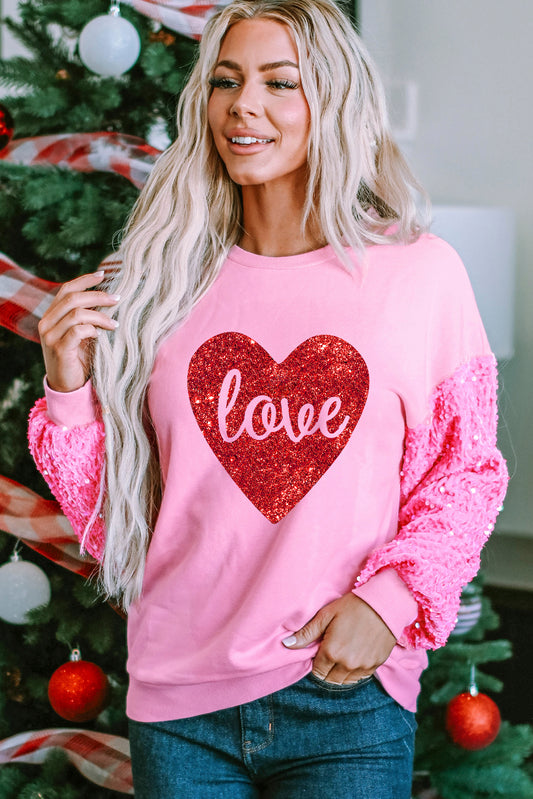 Pink Chenille Embroidered Sequin Sleeve Sweatshirt