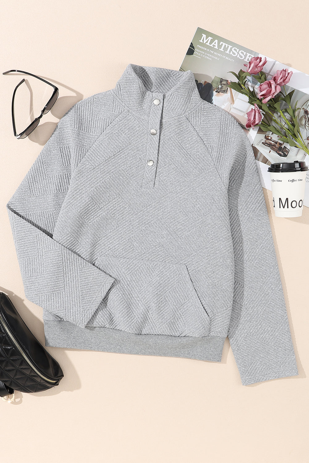 Textured Knit Buttoned Kangaroo Pocket Sweatshirt