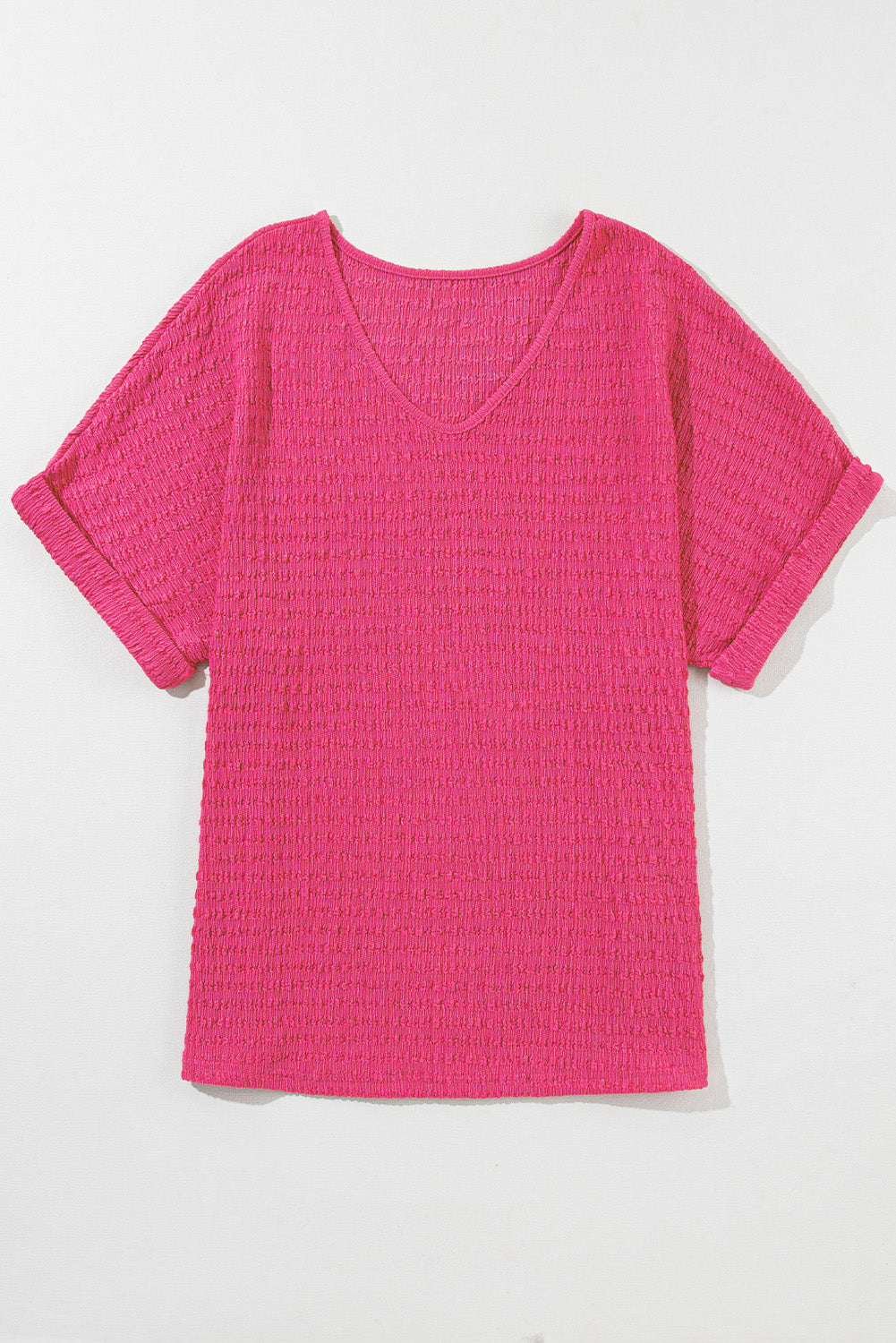 Bright Pink Textured Rolled Short Sleeve V Neck Blouse