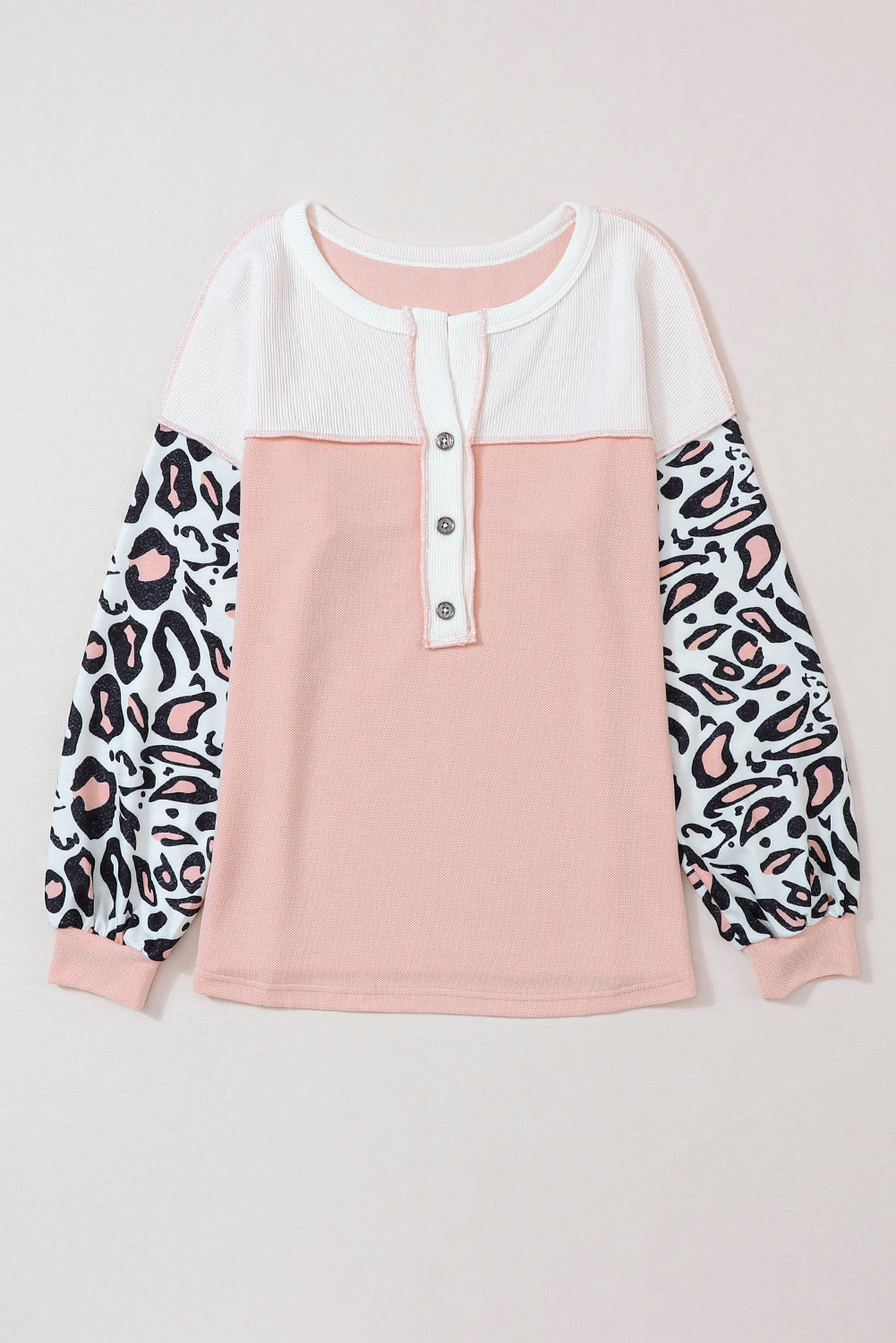 Bonbon Leopard Sleeve Patchwork Waffle Knit Top