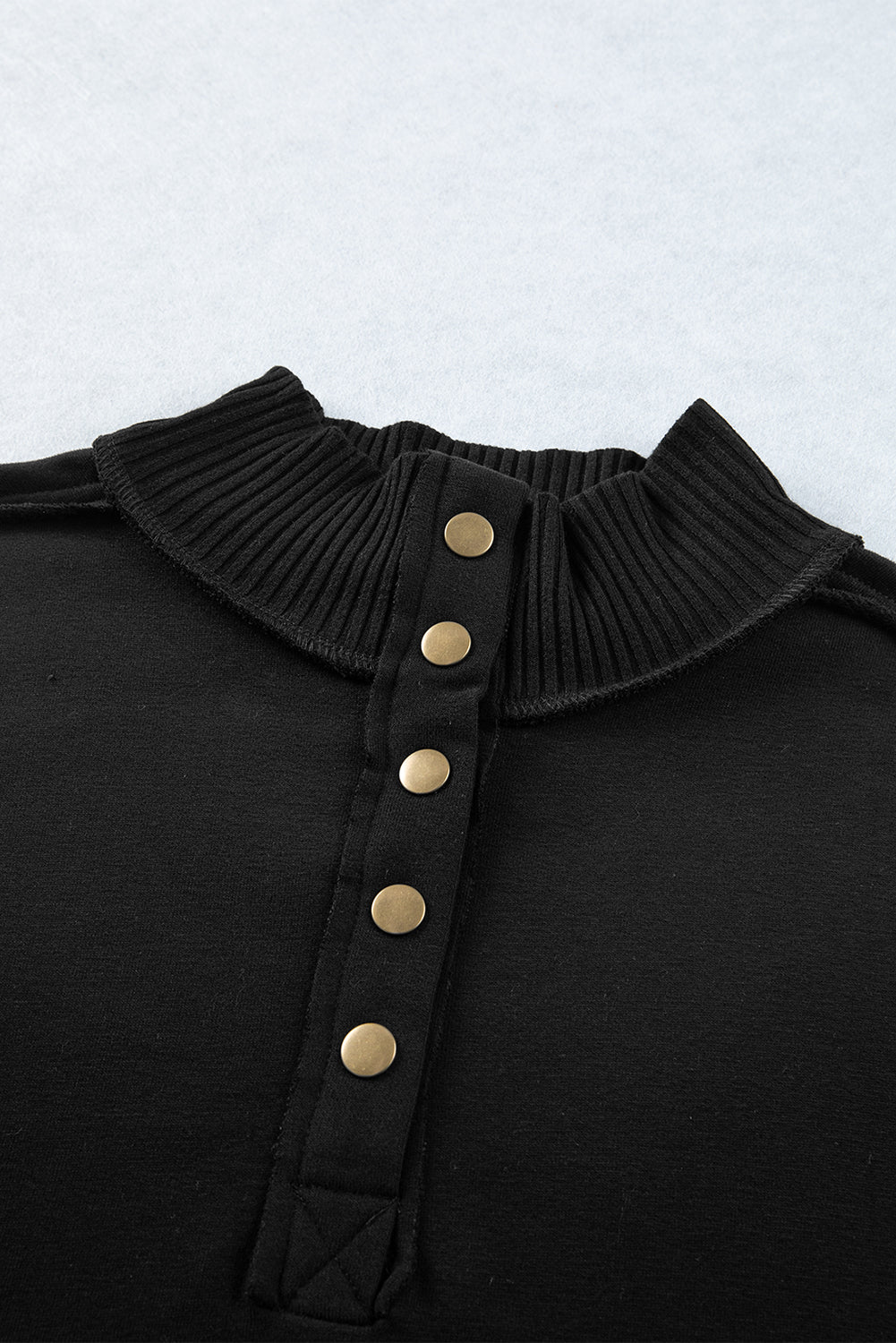 Black Ribbed Hem Snap Button Neckline Sweatshirt with Pocket