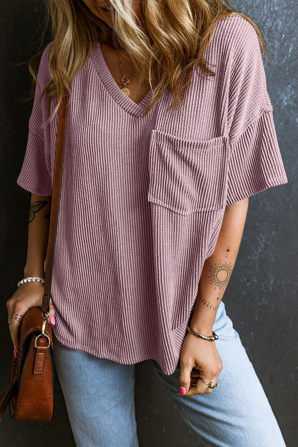 Corded V Neck Chest Pocket Loose T-shirt