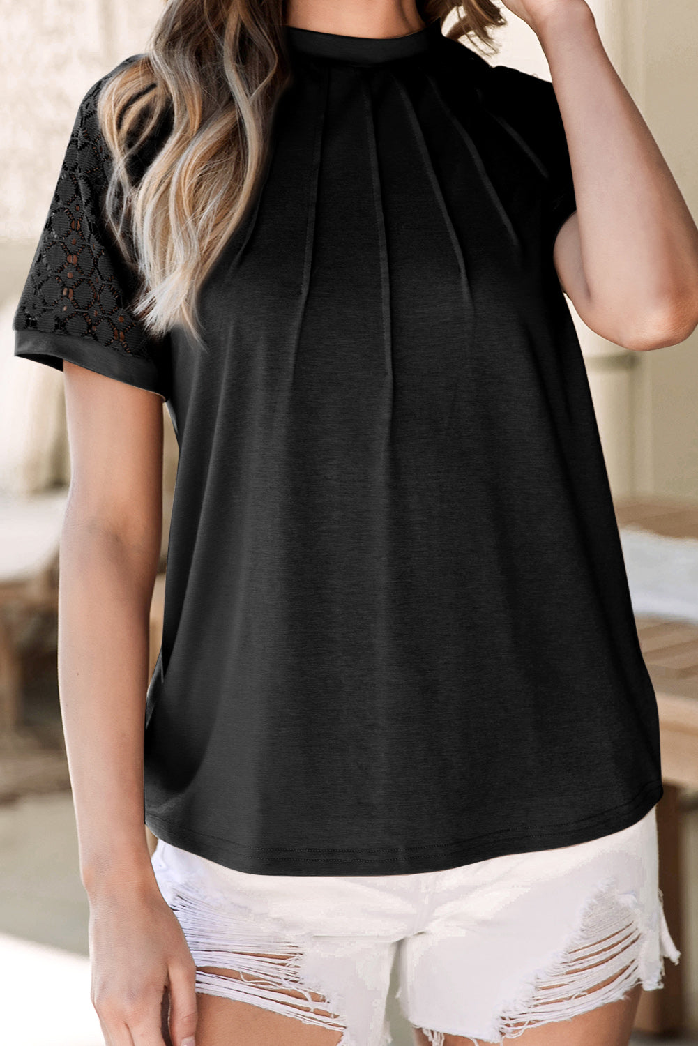 Seamed Detail Contrast Lace Raglan Sleeve Tee