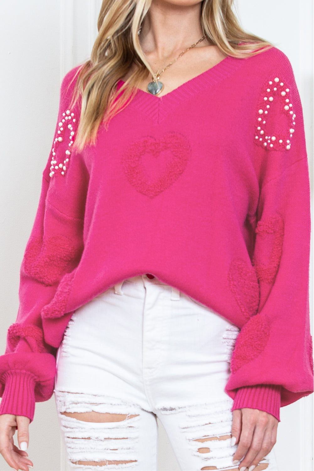 Rose Red Pearl Embellished Fuzzy Hearts V Neck Sweater