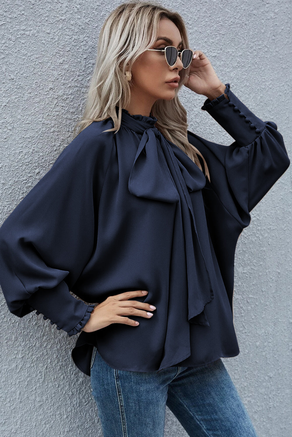 Frilled Knotted Mock Neck Bishop Sleeve Blouse