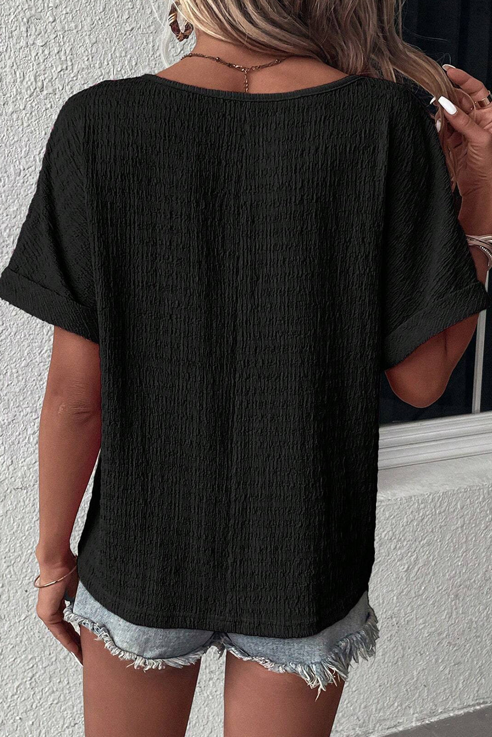 Textured Rolled Short Sleeve V Neck Tee