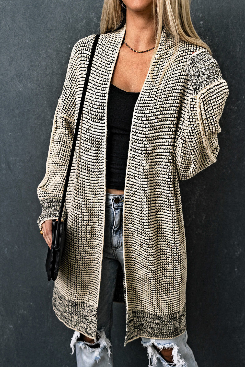 Plaid Knitted Long Open Front Cardigan