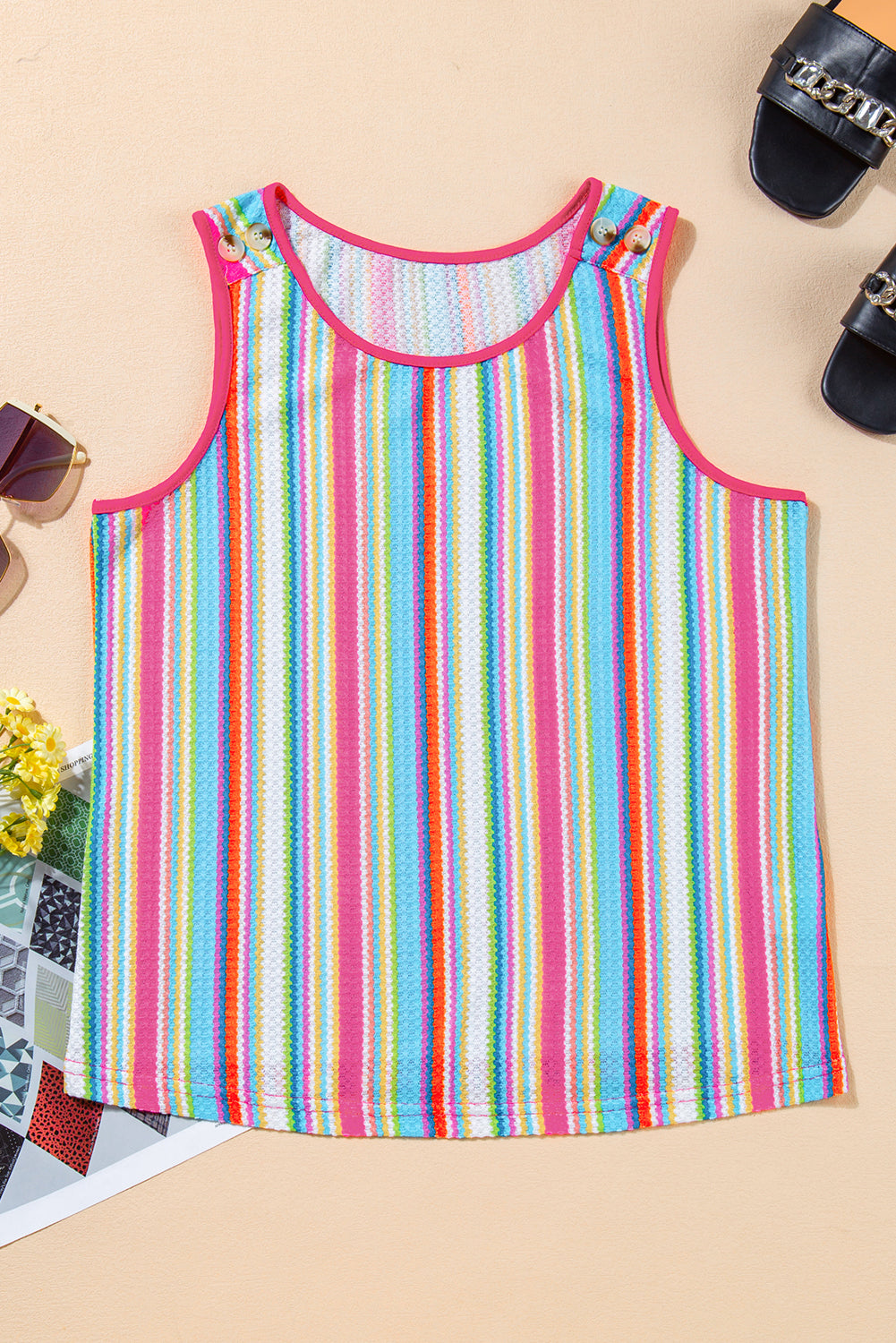 Rose Stripe Rainbow Eyelet Knit Button Decor Tank Top