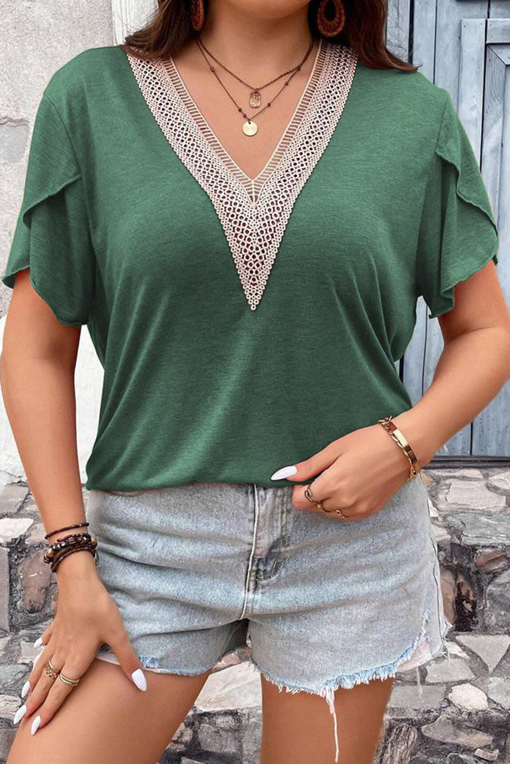 Green Plus Size Embroidery V Neck Draped Sleeve Blouse