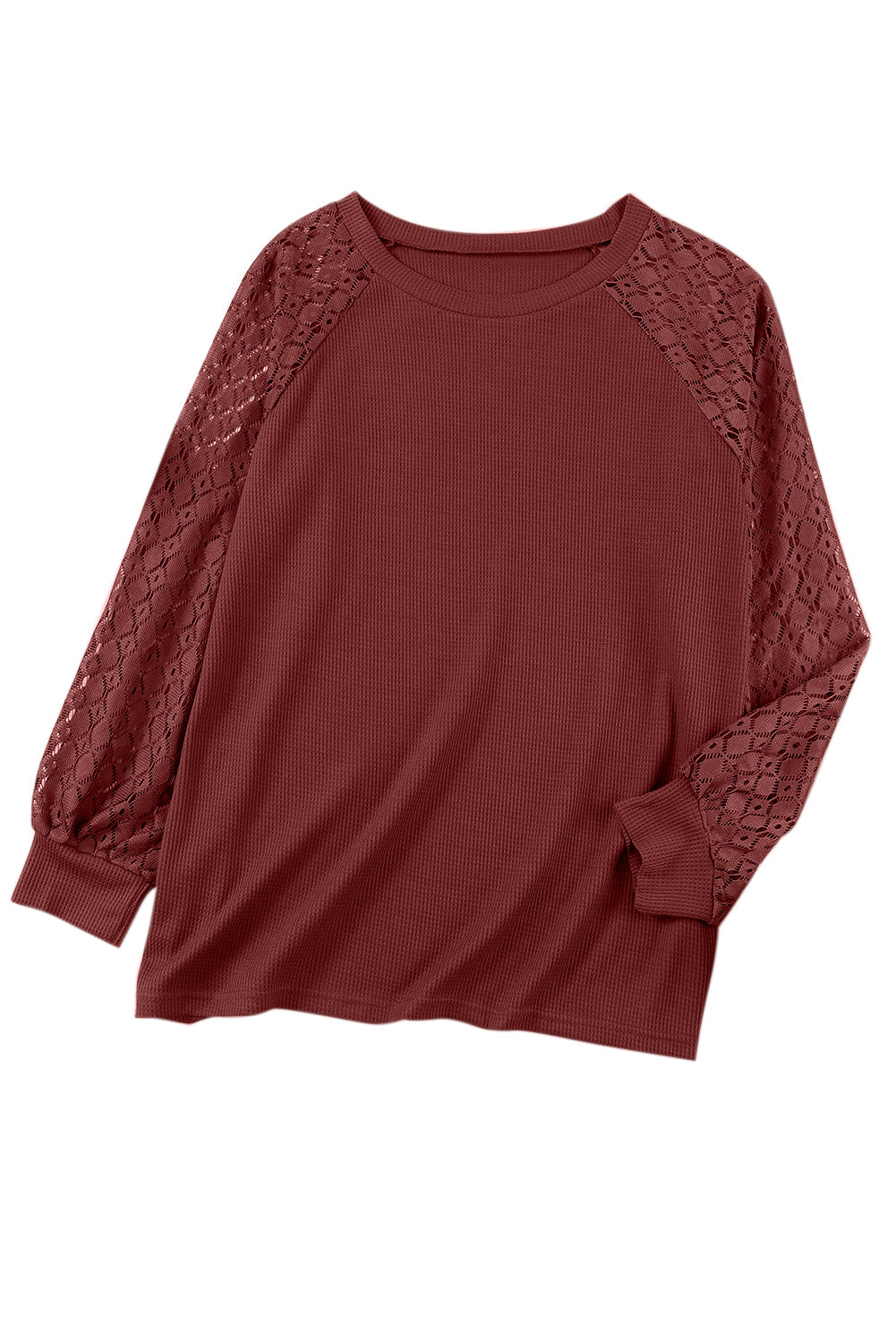 Strawberry Pink Plus Size Contrast Lace Sleeve Waffle Knit Top