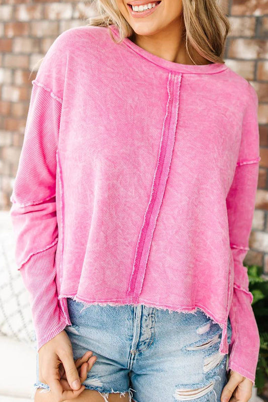 Rose Sequin Heart Shaped Exposed Seam Pullover Sweatshirt