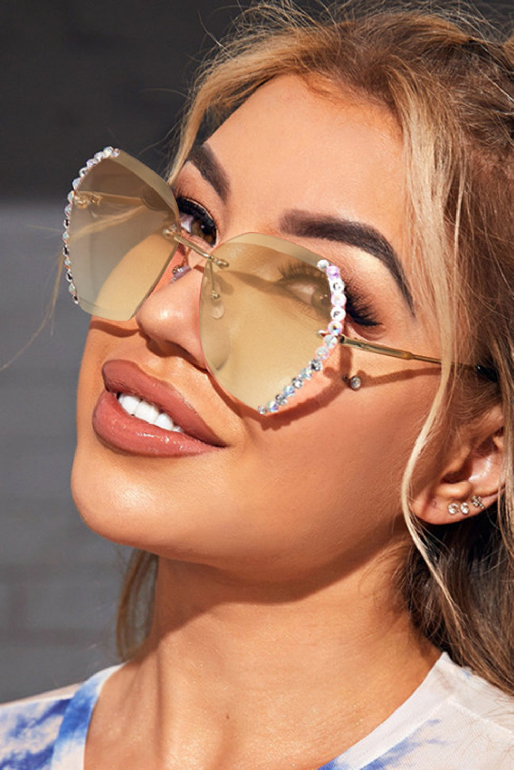 Pink Rhinestone Trim Rimless Sunglasses