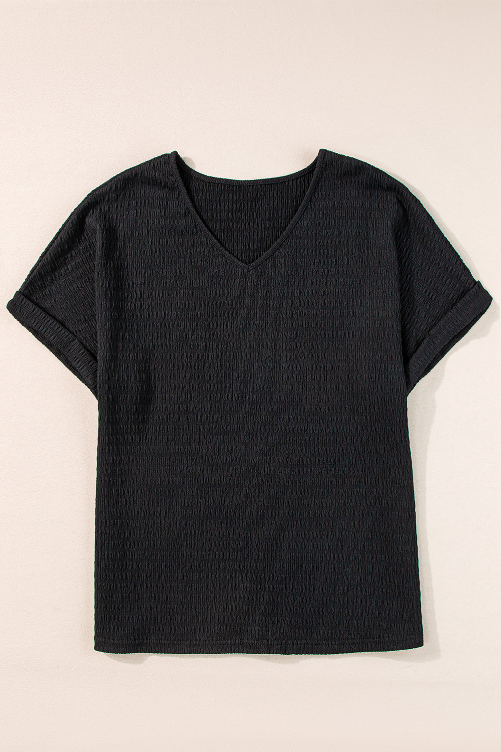 Textured Rolled Short Sleeve V Neck Tee