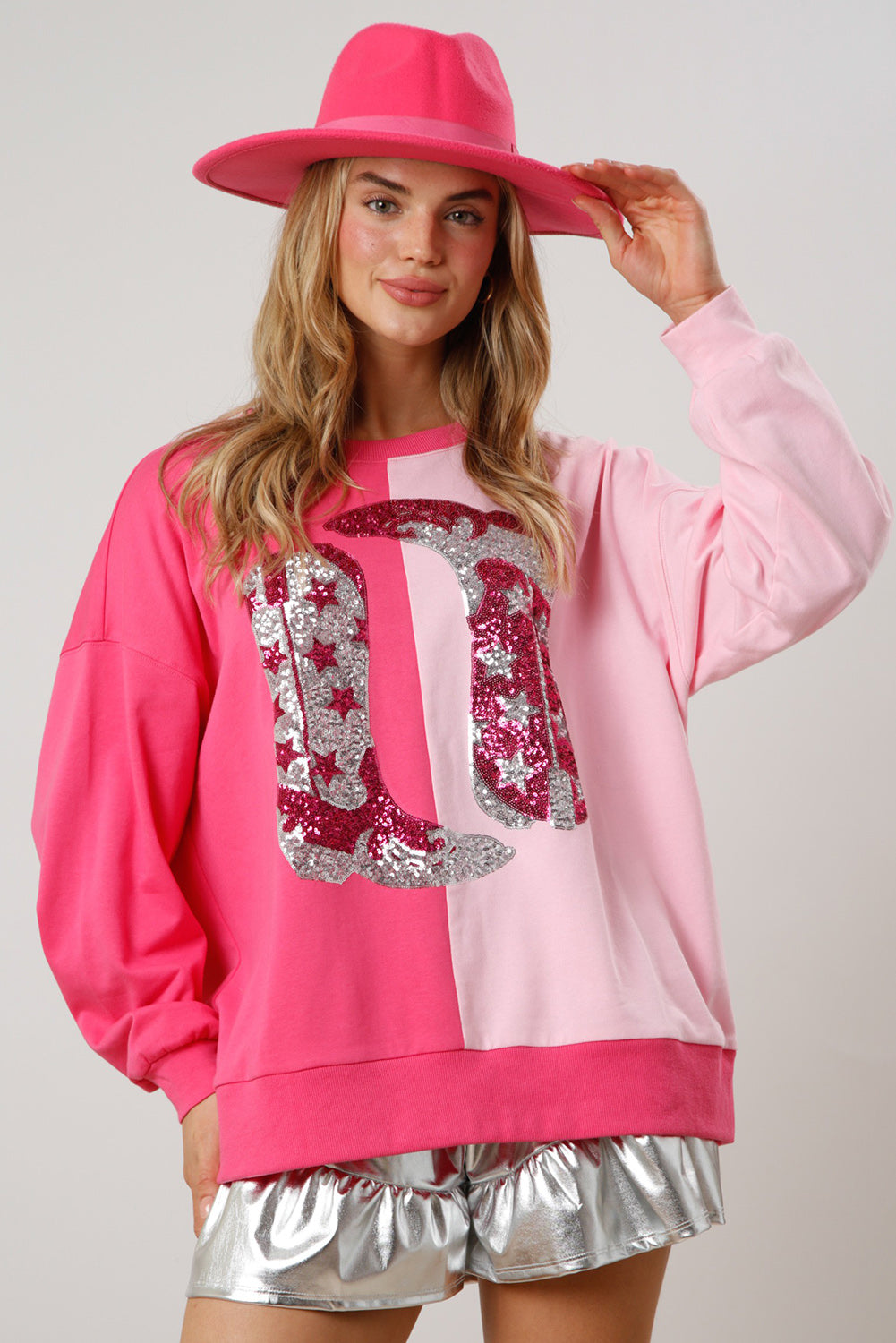 Pink Color Block Sequined Cowgirl Boots Graphic Sweatshirt