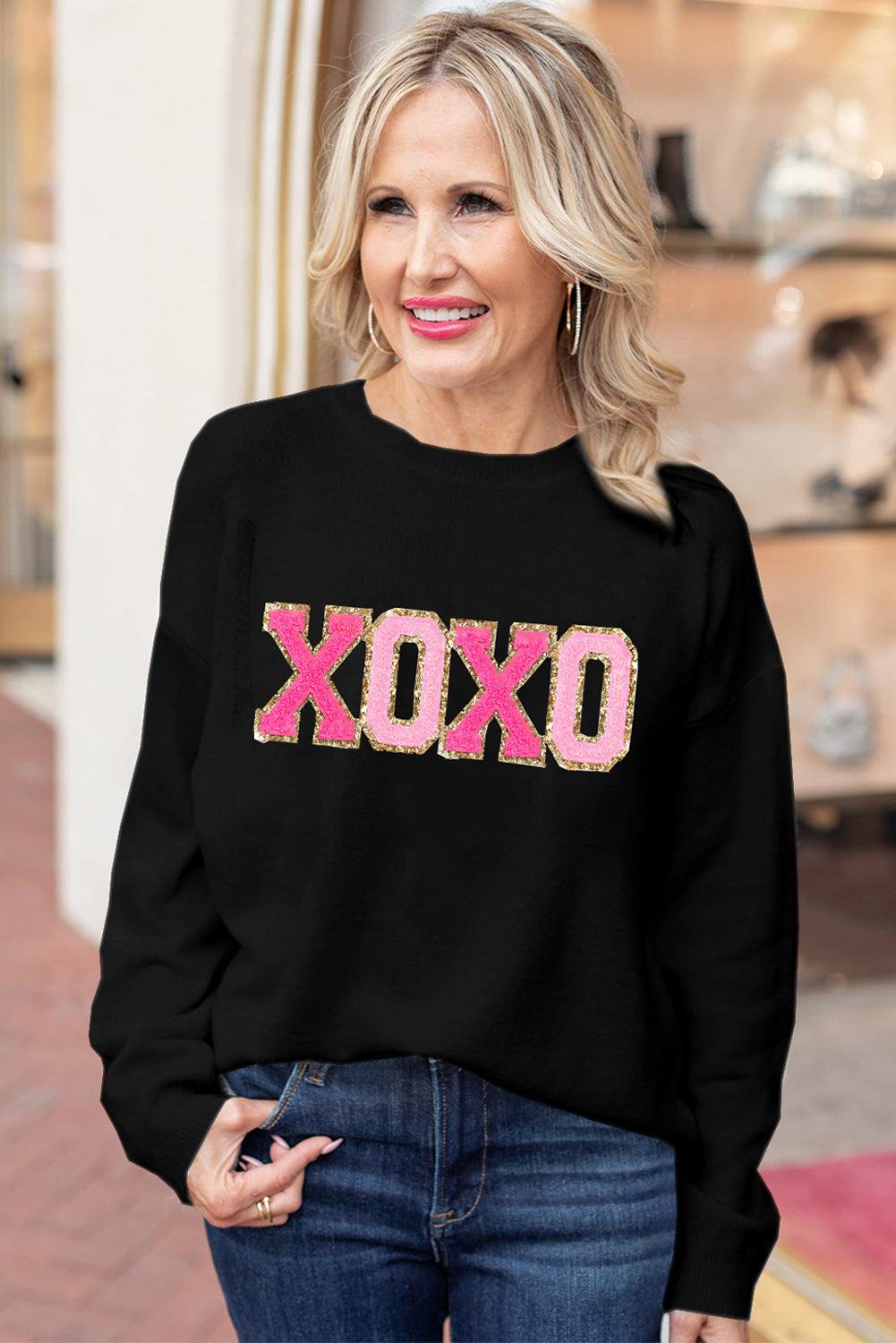 Pink Howdy Heart Graphic Round Neck Casual Sweater