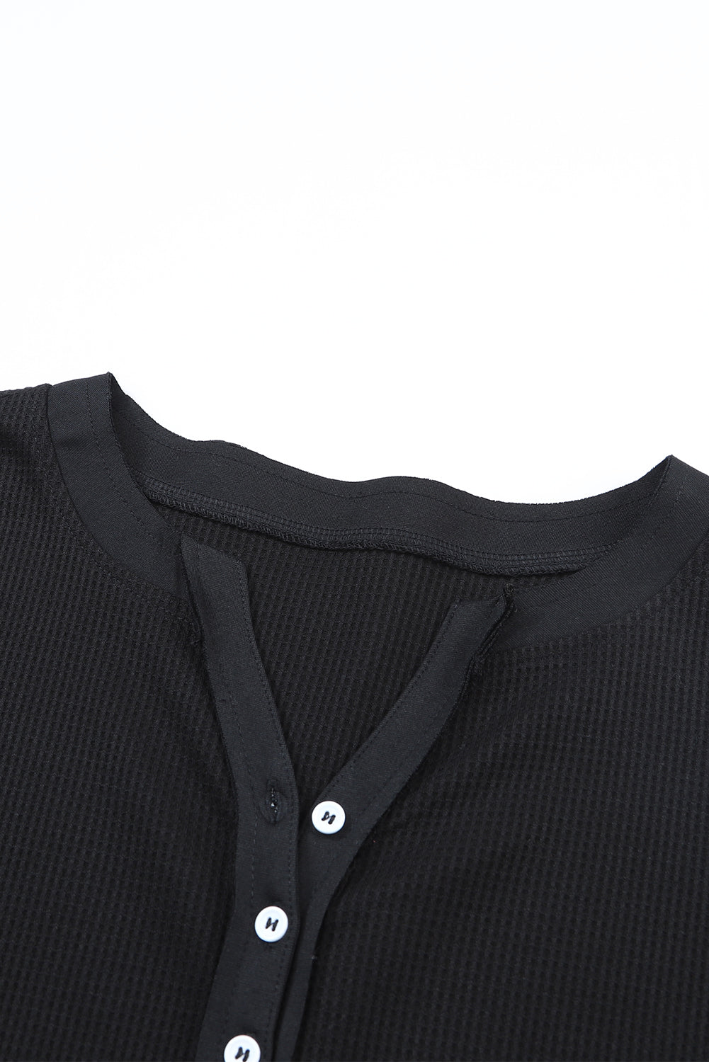 Black Trimmed Neckline Waffle Knit Henley Top