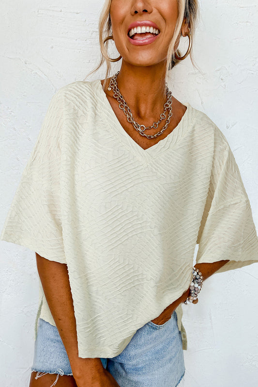 Beige V Neck Textured Split Hem Oversized Top